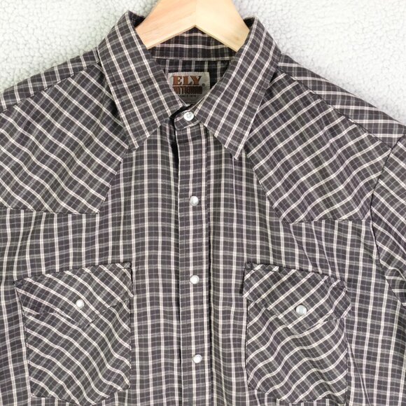 Vintage Western Shirt Mens Large Black White Plaid Short Sleeve Pearl Snap - Picture 2 of 7